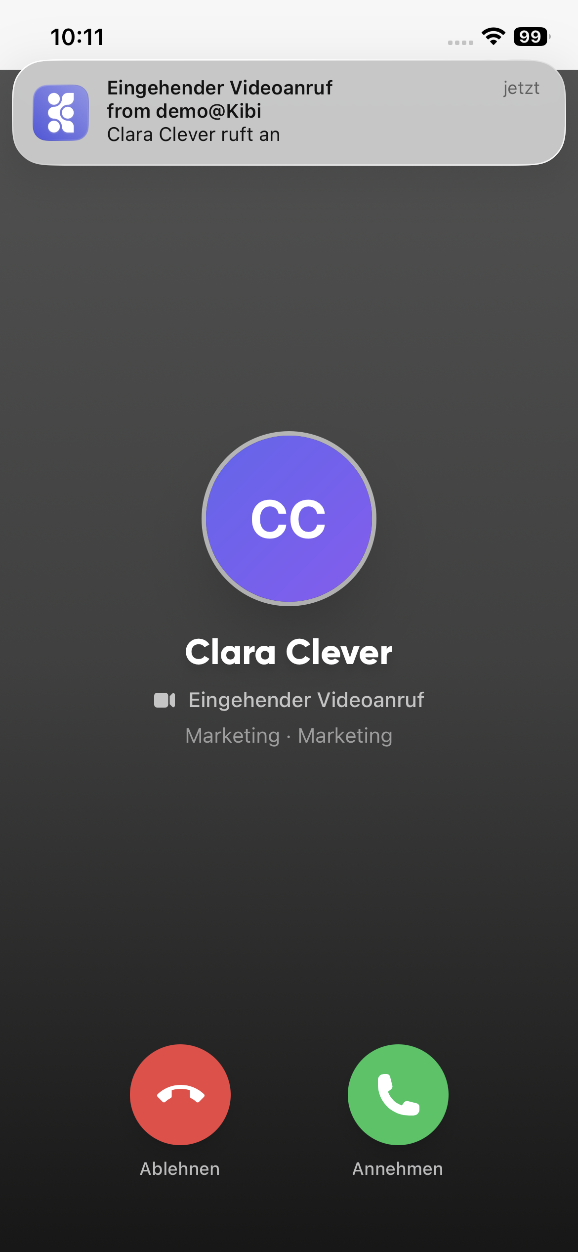 Eingehender Videoanruf in Kibi Connect