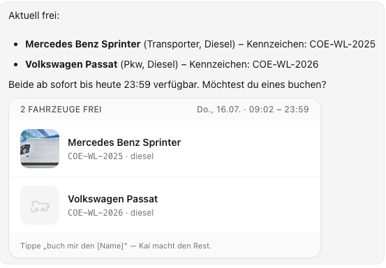 Kai zeigt freie Fahrzeuge und bietet eine direkte Buchung an