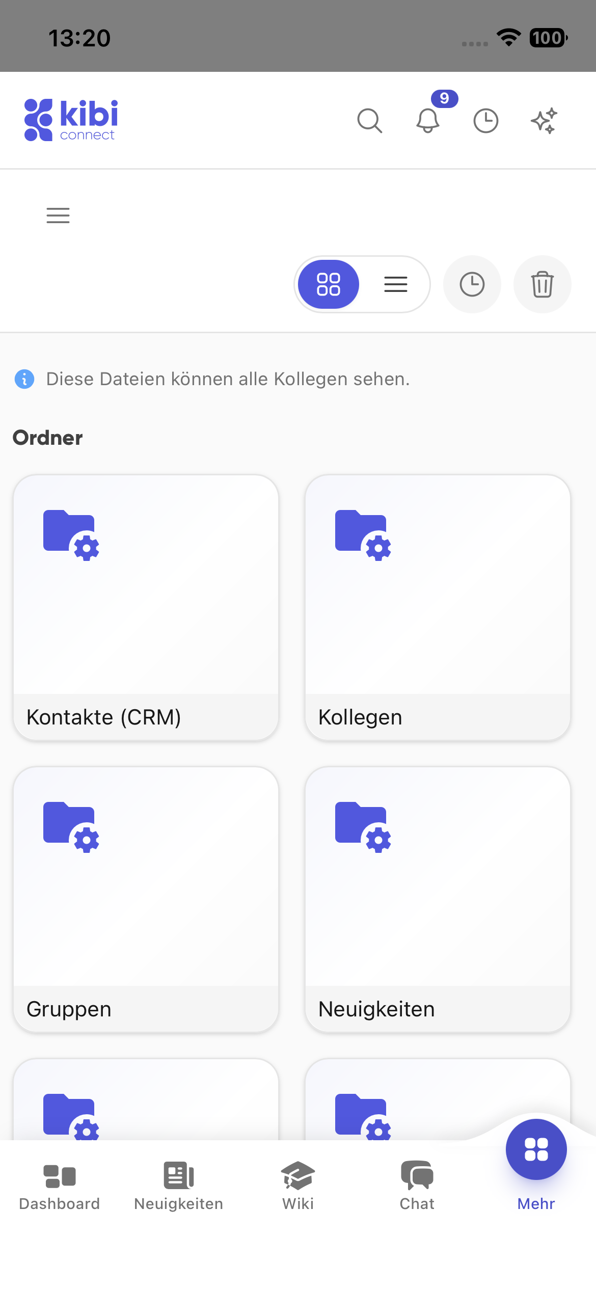 Überarbeiteter Dateibereich in Kibi Connect mit Ordnerübersicht auf dem Smartphone