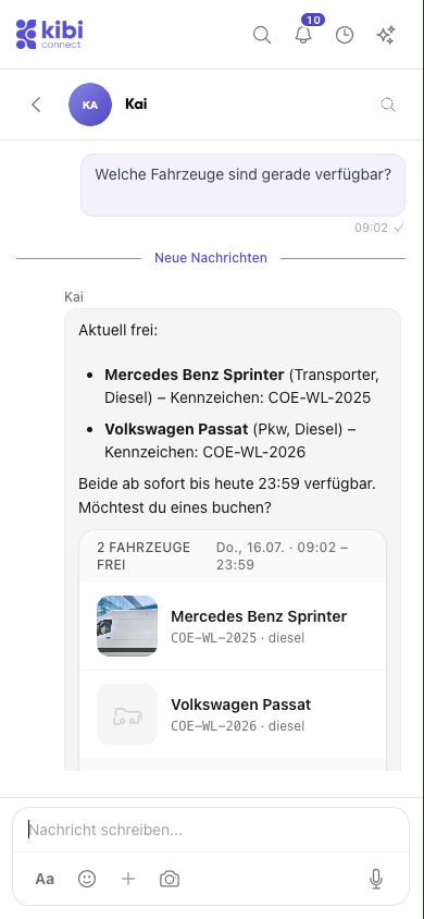 KI-Assistent Kai erledigt Aufgaben wie eine Fahrzeugbuchung in Kibi Connect