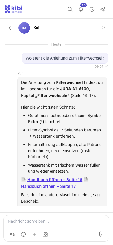 KI-Assistent Kai durchsucht Wiki und Handbücher in Kibi Connect