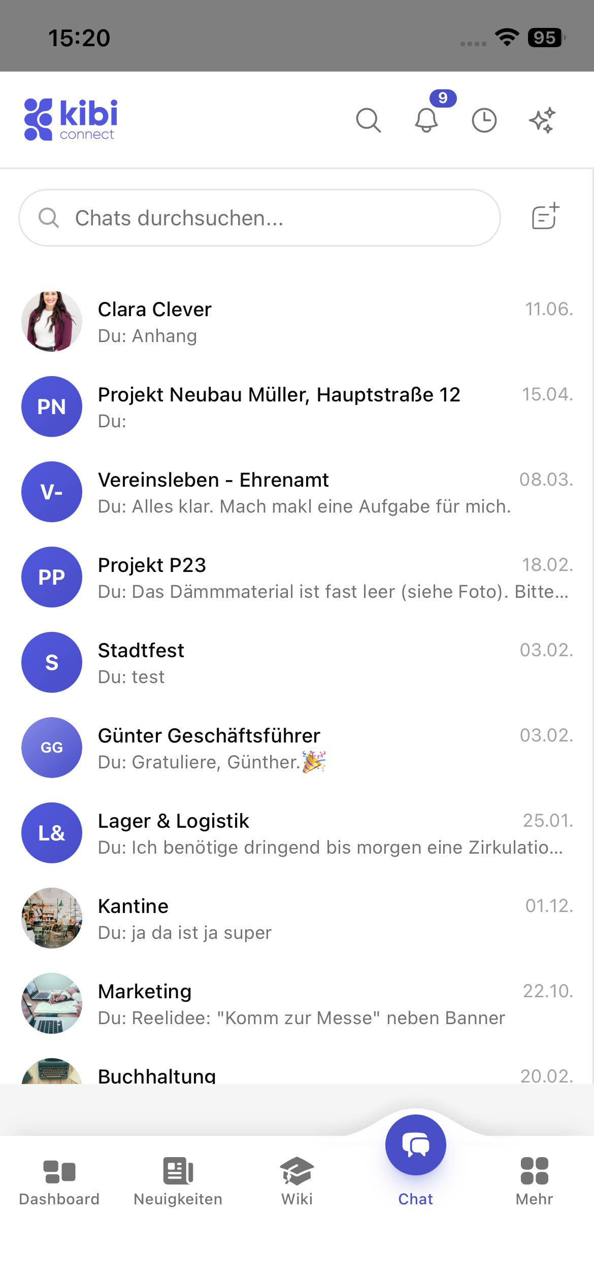 Kibi Connect Chat-Übersicht mit Einzel- und Gruppenchats in sicherer Umgebung