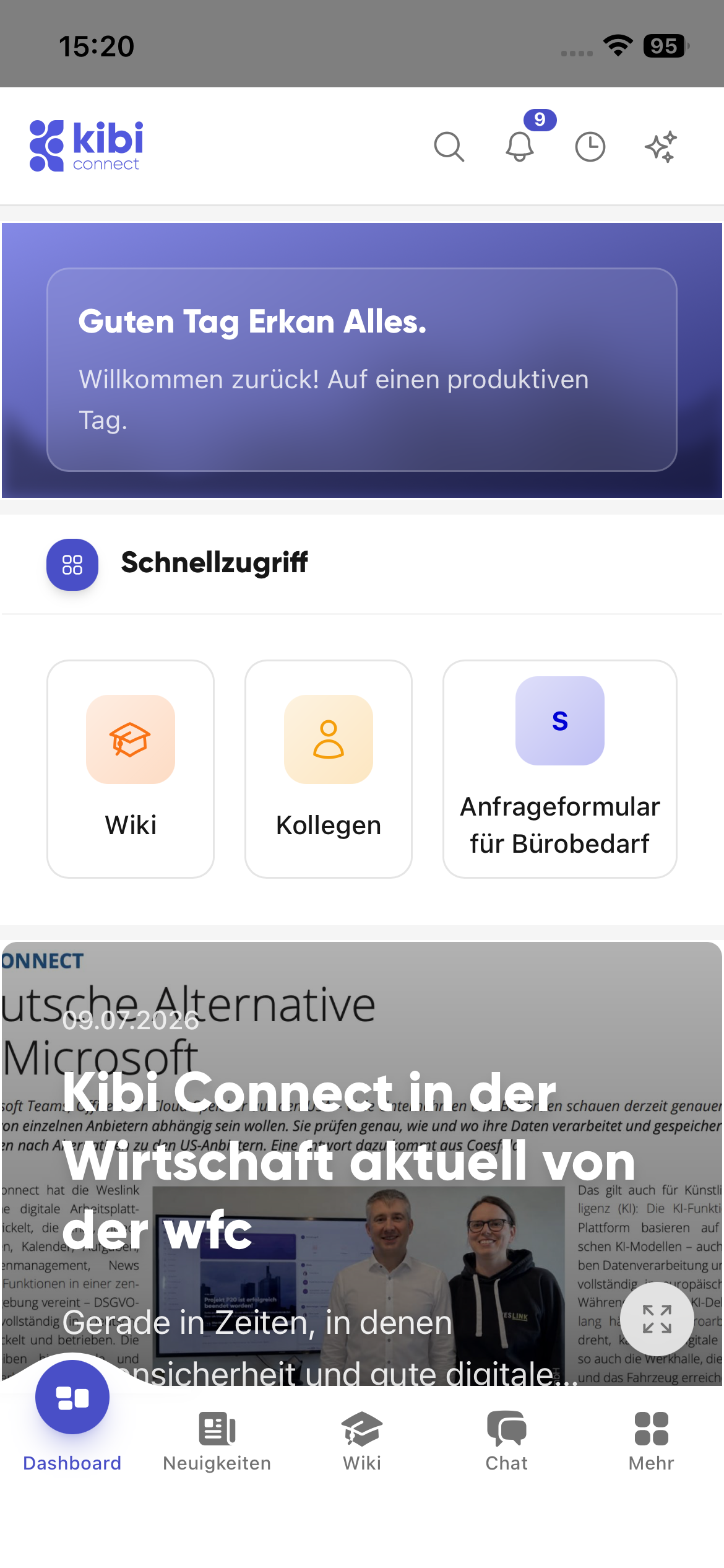 Aktuelles Dashboard in Kibi Connect auf dem Smartphone