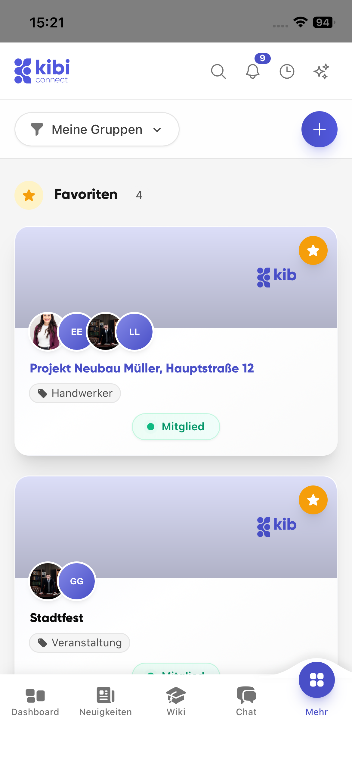 Kibi Connect Gruppenübersicht mit Favoriten, Abteilungen und Projektgruppen