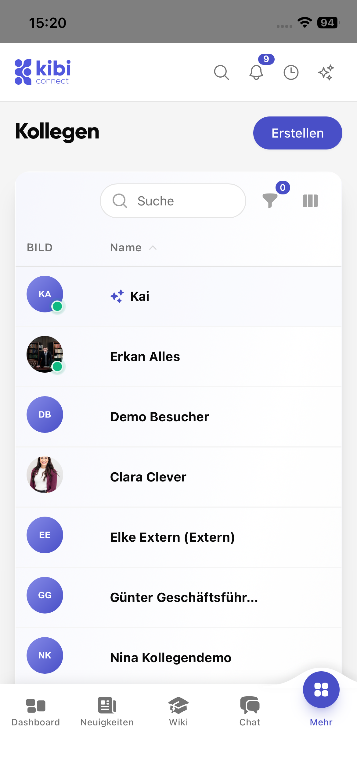 Kibi Connect Mitarbeiterverzeichnis mit Profilfotos und Namen aller Kolleginnen und Kollegen