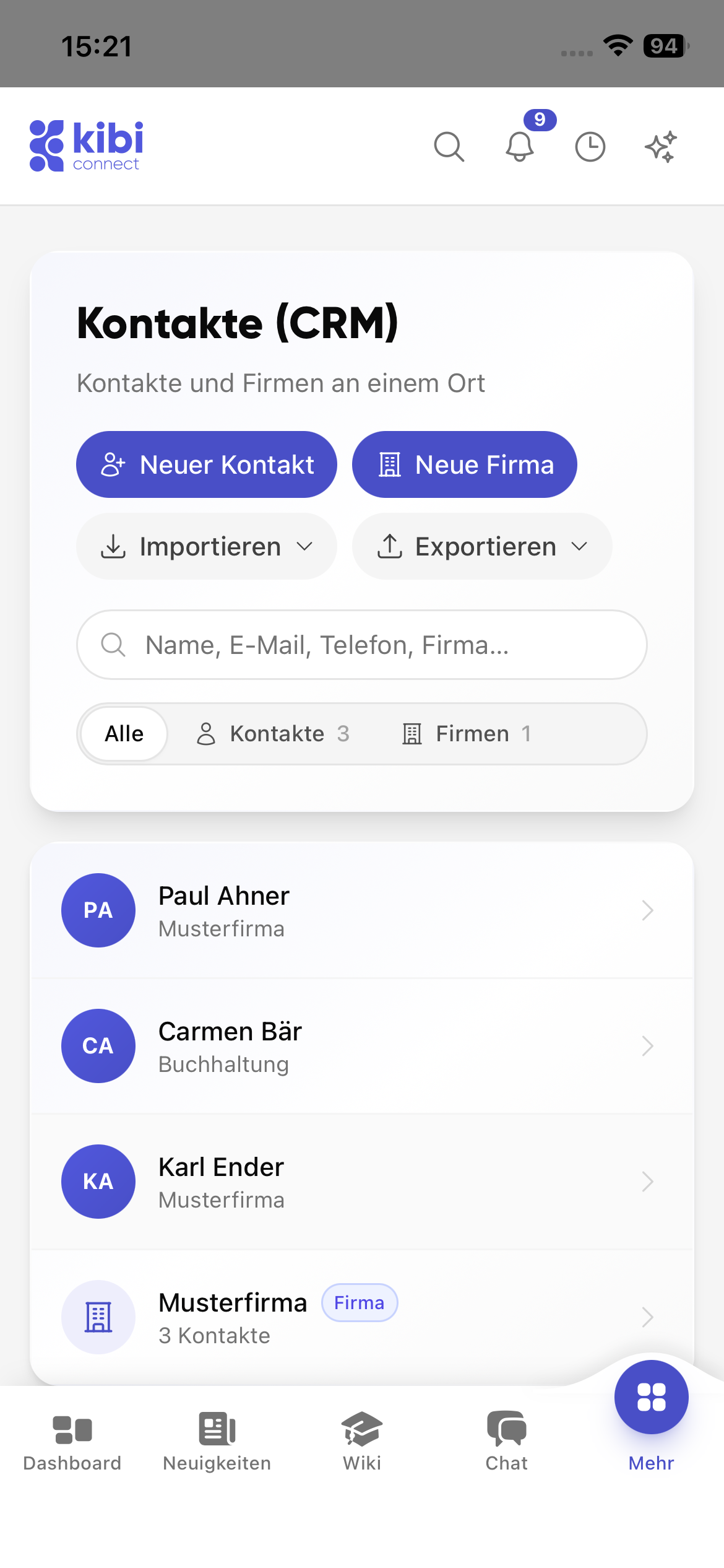 Kibi Connect Kontakte mit Kundschaft, Lieferanten und Partnern