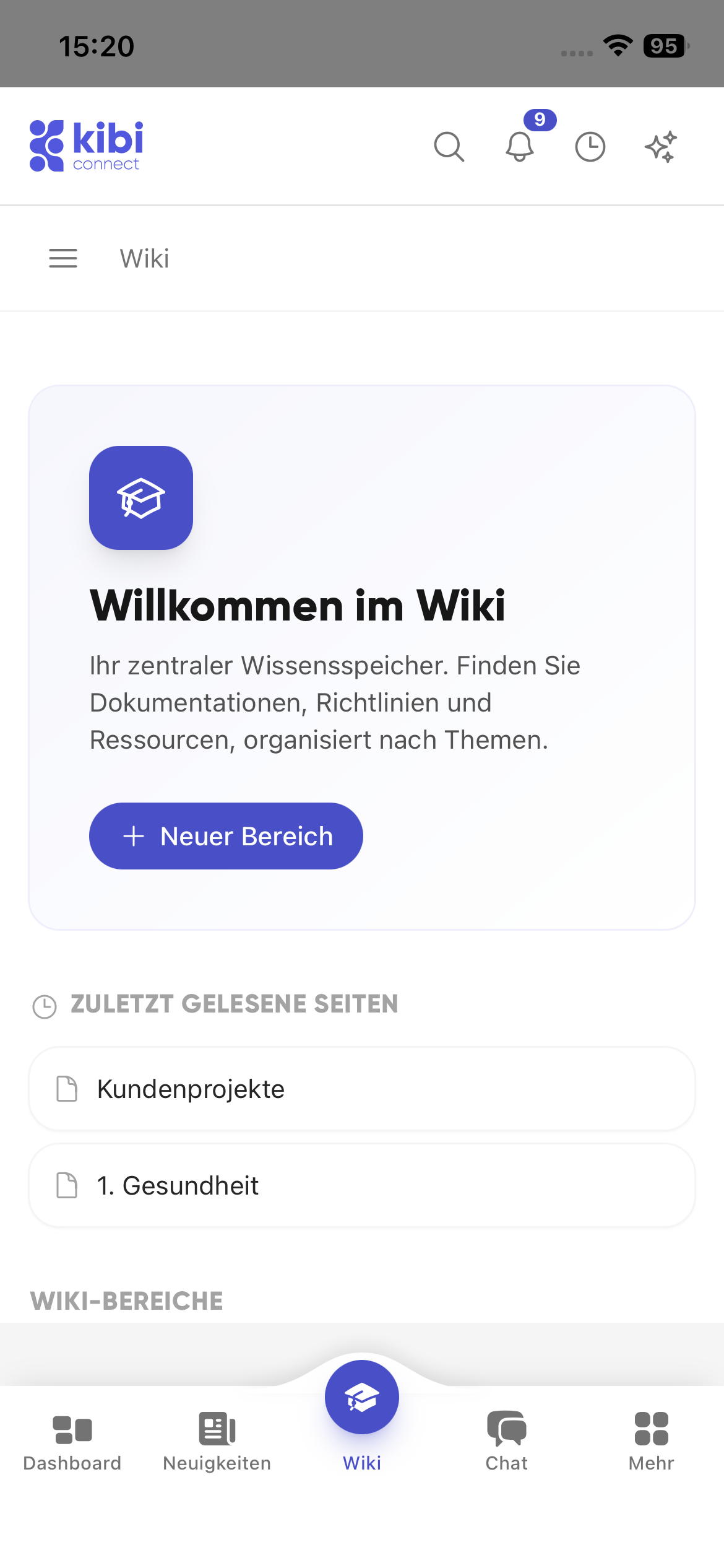 Kibi Connect Wiki-Startseite mit zuletzt gelesenen Seiten und Wiki-Bereichen