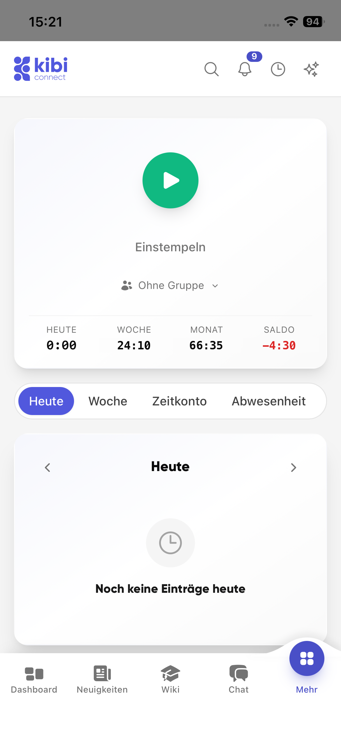 Startansicht der Zeiterfassung in Kibi Connect auf dem Smartphone