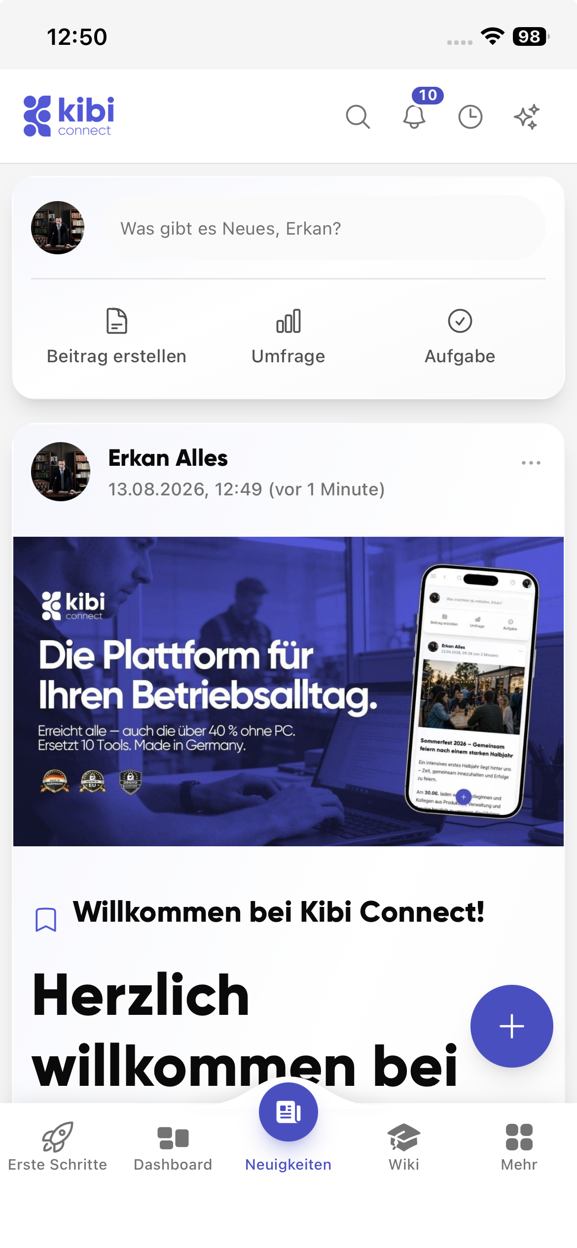 Beitrag im Neuigkeiten-Feed von Kibi Connect mit Likes, Kommentaren und Teilen-Funktion