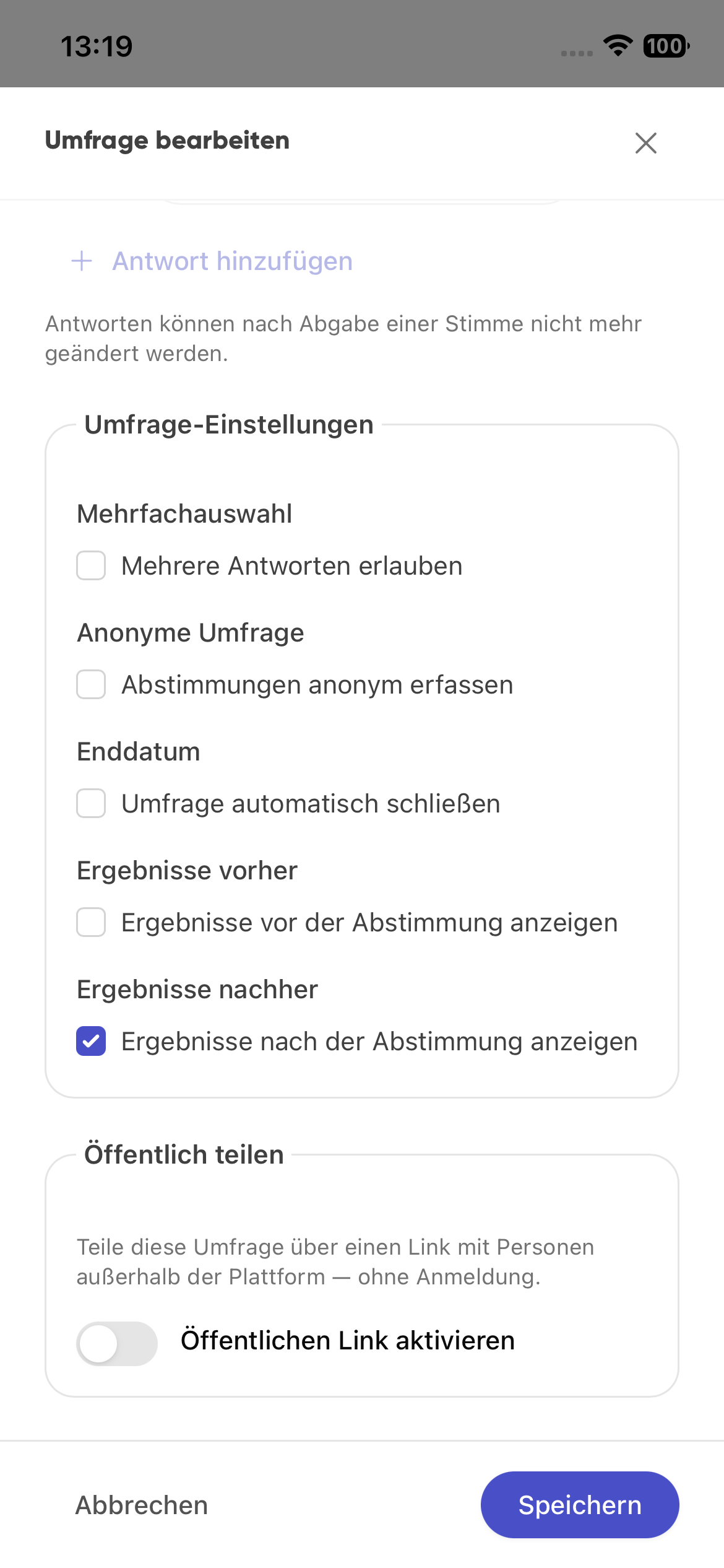 Umfrage-Einstellungen in Kibi Connect mit Option „Öffentlichen Link aktivieren“