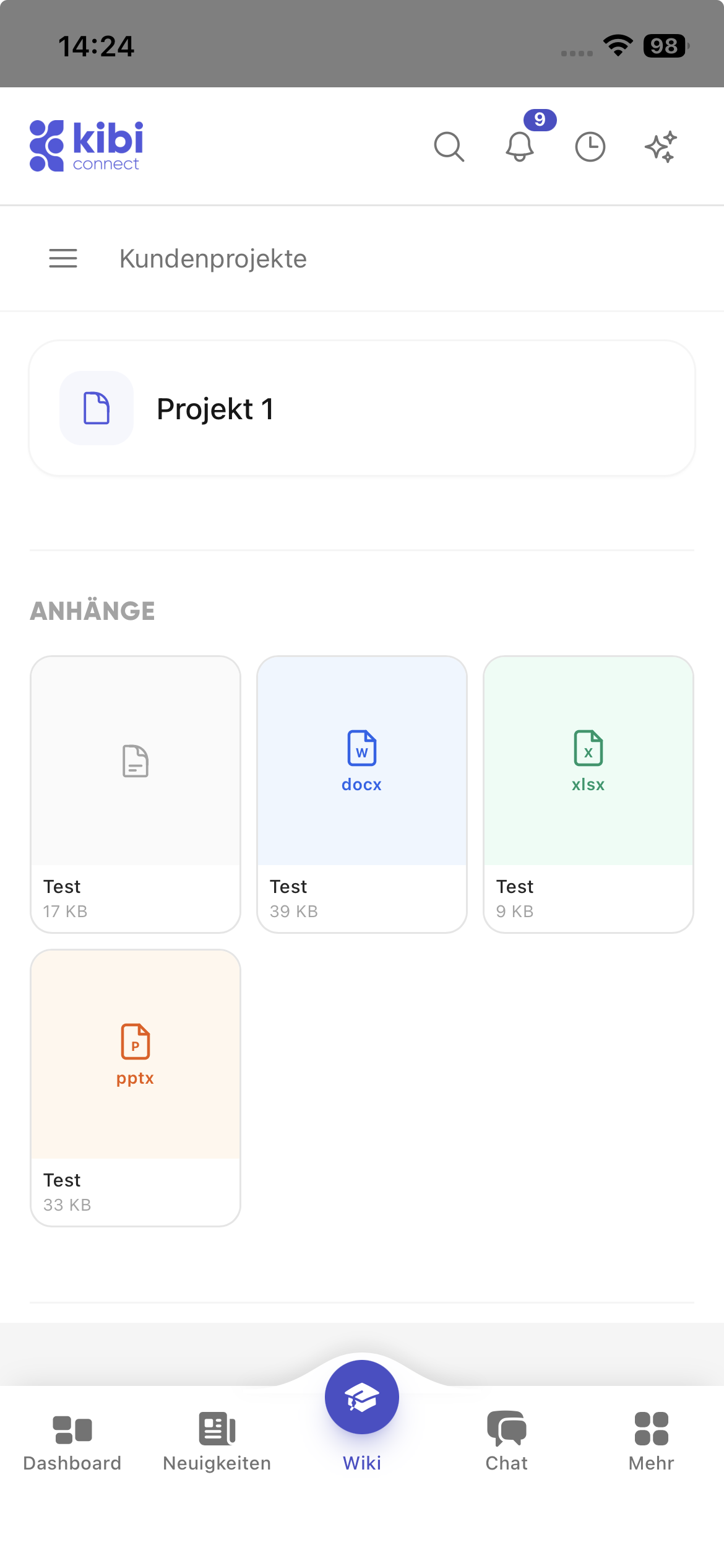 Wiki-Seite in Kibi Connect mit angehängten Dokumenten auf dem Smartphone