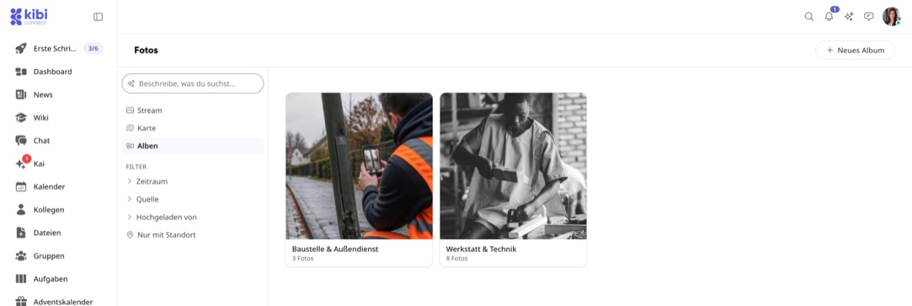 Foto-Archiv mit den Ansichten Stream, Karte und Alben – zwei Alben Werkstatt & Technik und Baustelle & Außendienst