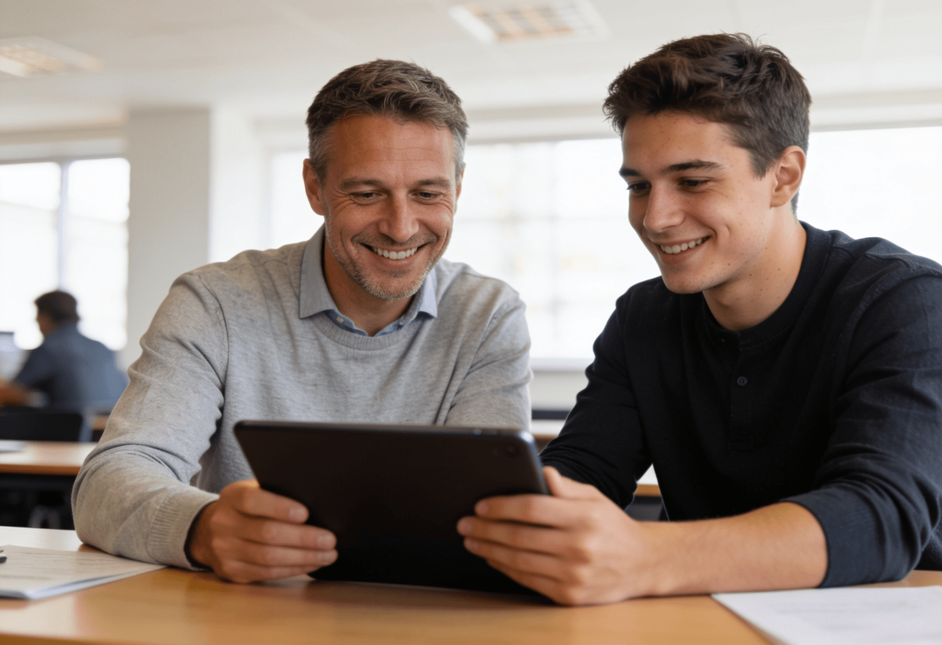Mentor arbeitet eine neue Person am Schreibtisch ein