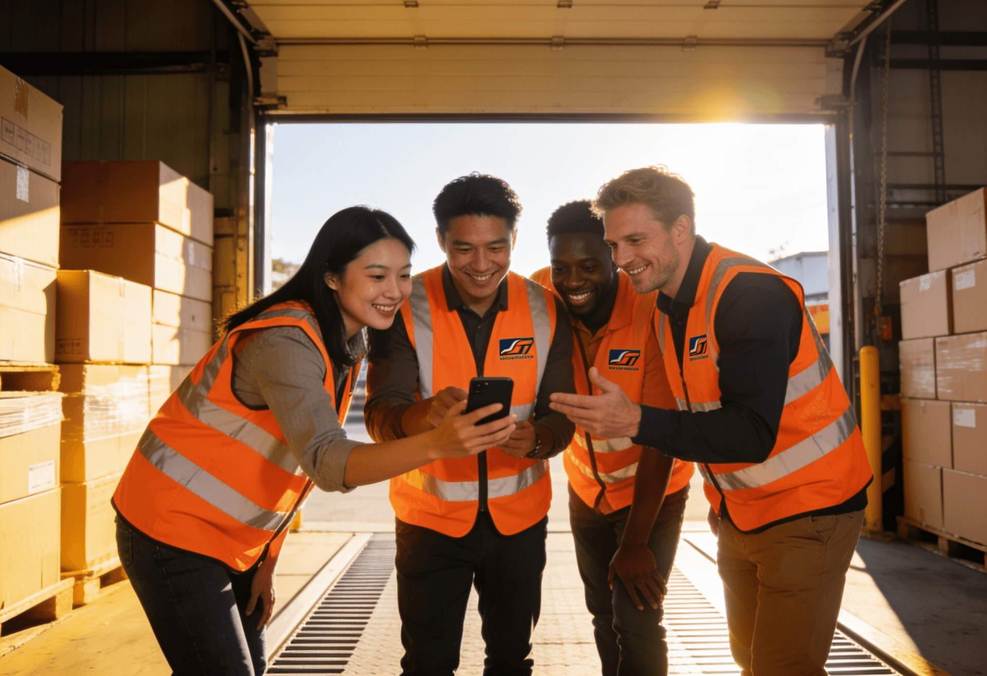 Vielfältiges Logistikteam schaut gemeinsam aufs Smartphone