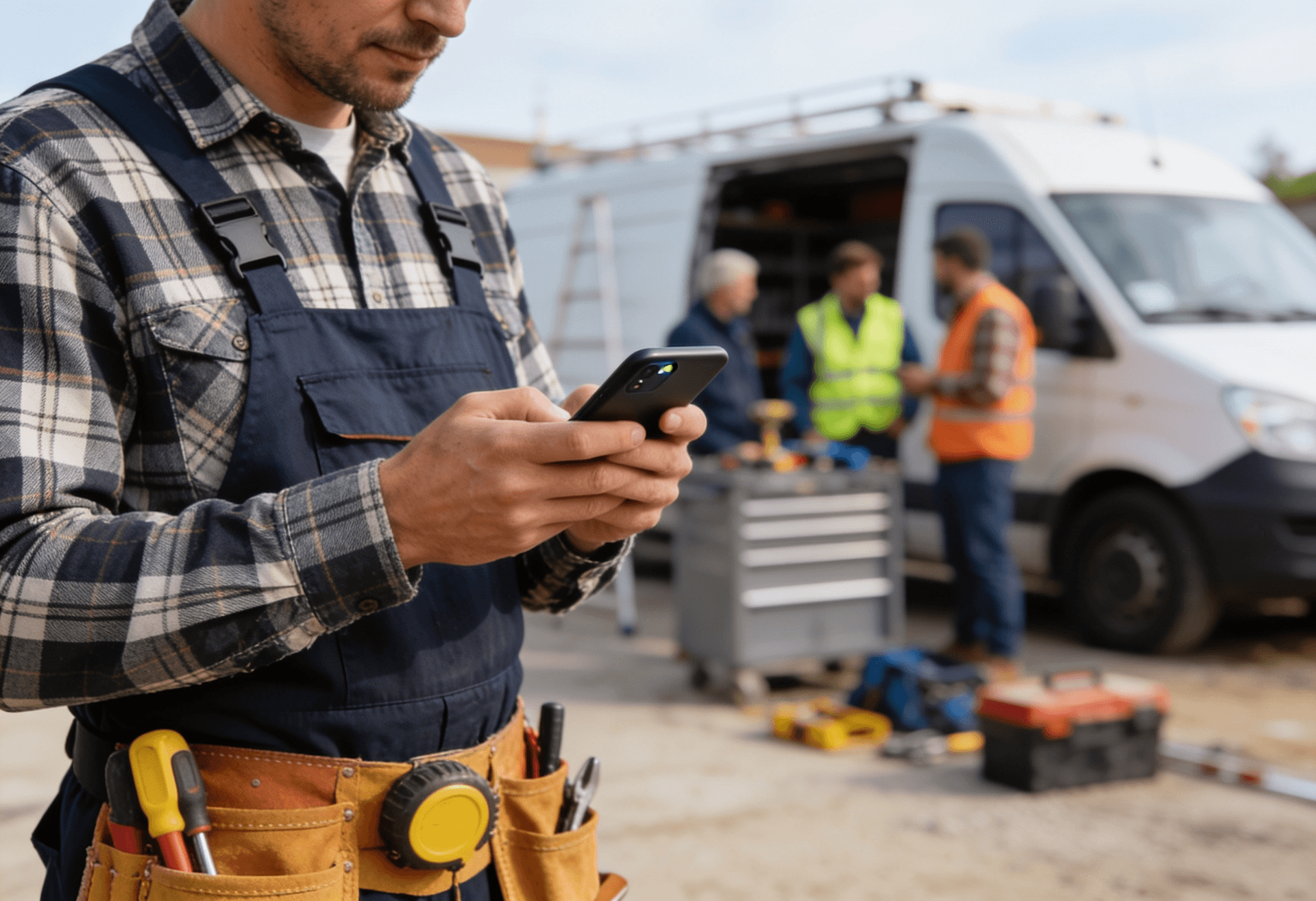 Handwerker nutzt auf der Baustelle eine sichere App am Smartphone