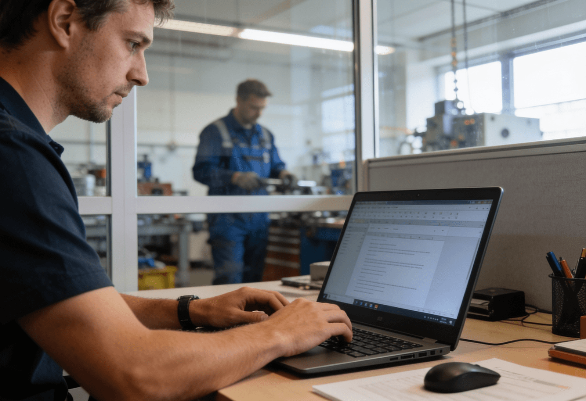 Mitarbeiter arbeitet am Laptop im Büro