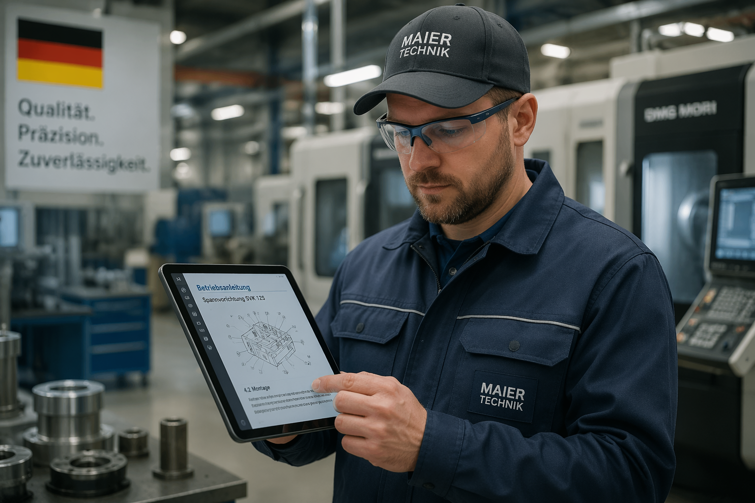 Techniker prüft eine digitale Betriebsanleitung auf dem Tablet in der Fertigung