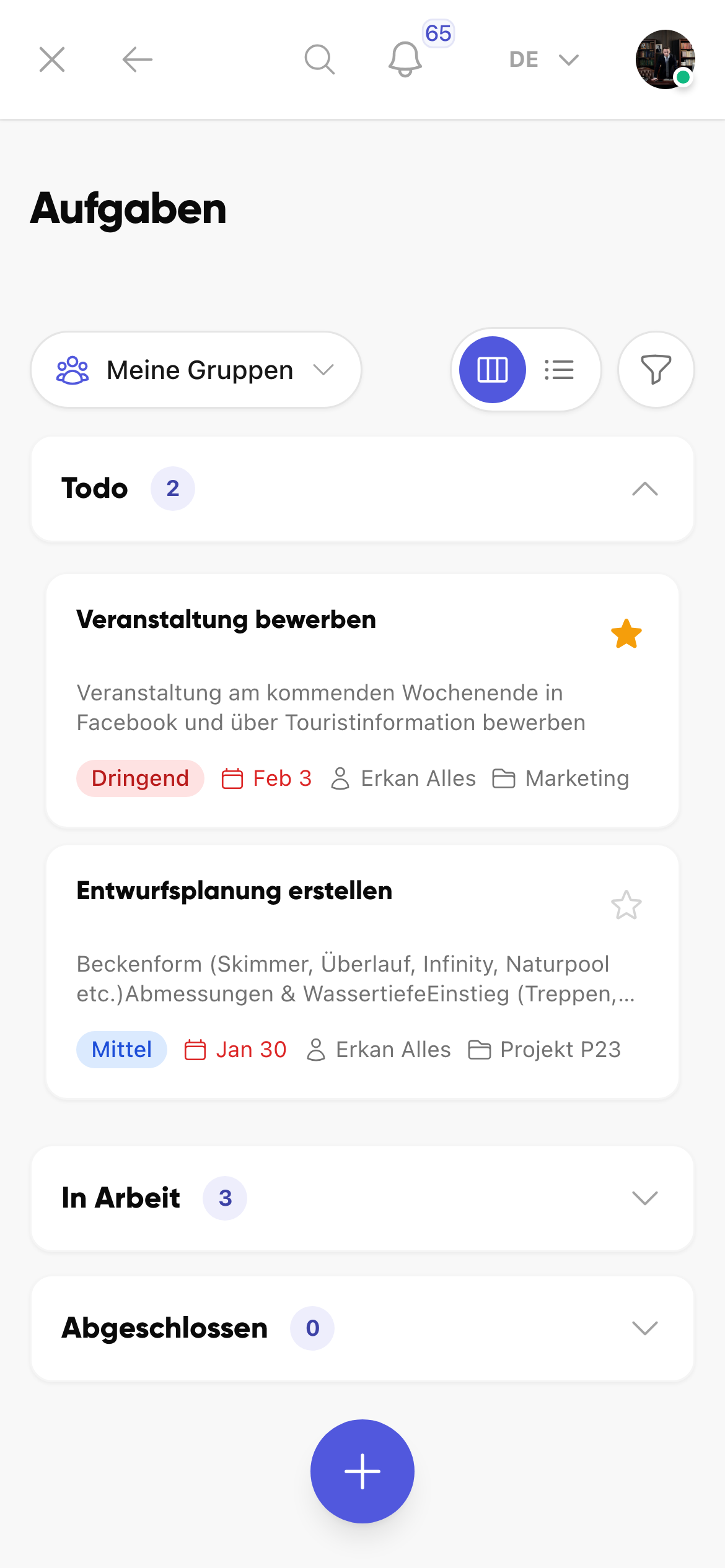 Aufgabenübersicht in Kibi Connect für Handwerksprojekte
