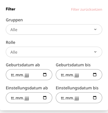 Filter-Fenster im Kollegen-Verzeichnis mit Gruppen sowie Geburtsdatum und Einstellungsdatum von/bis