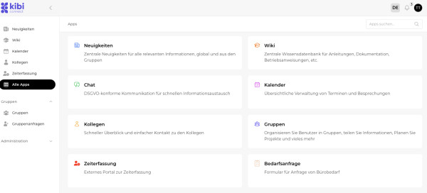 Bildschirmfoto 2025-01-08 um 14.21.41.png Übersicht „Alle Apps“ mit Kacheln wie Neuigkeiten, Wiki, Chat, Kalender, Kollegen, Gruppen und Zeiterfassung