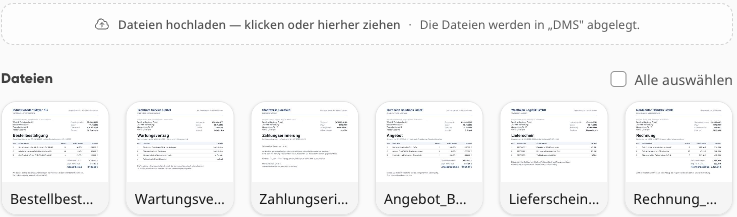 Dateibereich mit Werkzeugleiste, Upload-Zone „Dateien hochladen“ und Ordnerliste