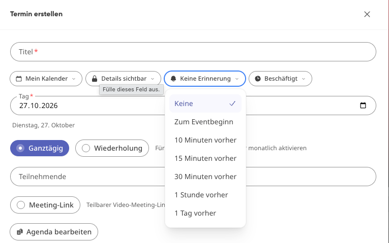 Screenshot: Wie stelle ich Erinnerung, Sichtbarkeit und Verfügbarkeit ein?