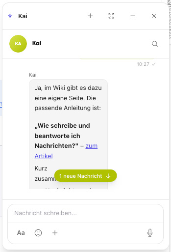 Kai-Chatfenster mit Antwort, die auf die passende Wiki-Anleitung verweist, und Eingabefeld „Nachricht schreiben…“