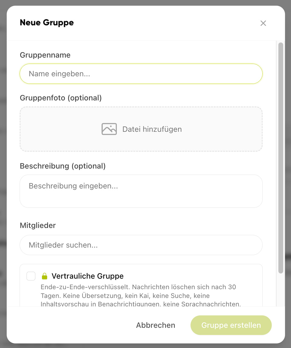 Dialog „Neue Gruppe“ mit Feldern für Name, Foto, Beschreibung, Mitglieder und Option „Vertrauliche Gruppe“