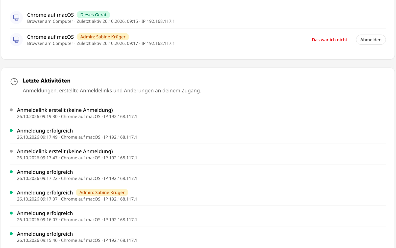 Angemeldete Geräte und Letzte Aktivitäten im Profil