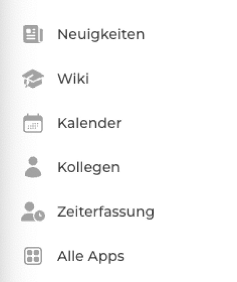 Bildschirmfoto 2025-01-10 um 10.46.20.png Navigationsmenü mit Neuigkeiten, Wiki, Kalender, Kollegen, Zeiterfassung und „Alle Apps“