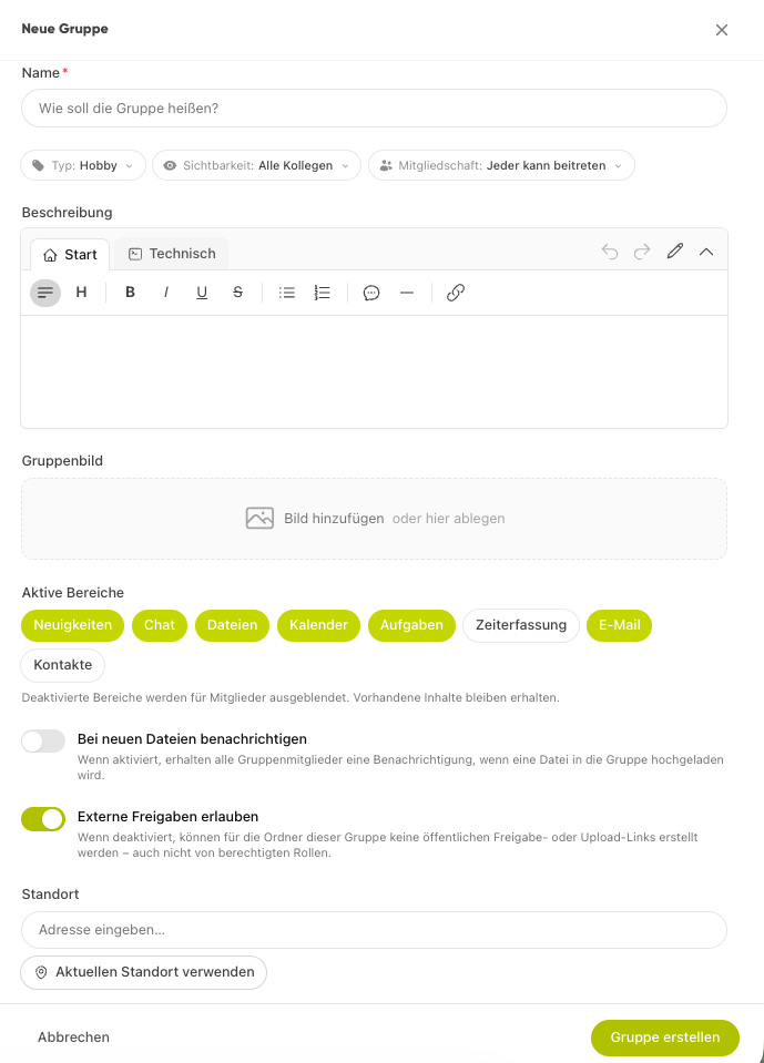 Formular „Neue Gruppe“ mit Name, Typ, Beschreibung, aktiven Bereichen und Schaltfläche „Gruppe erstellen“