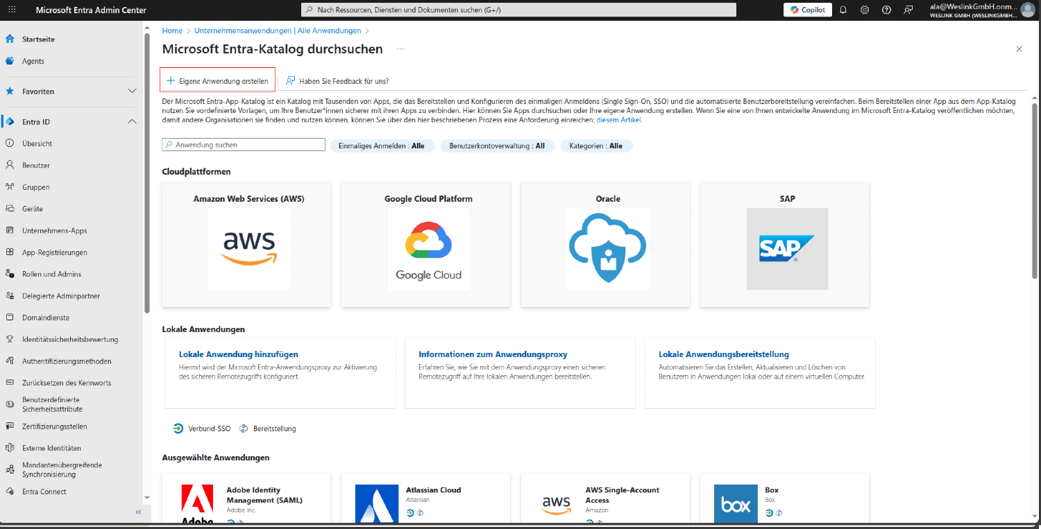 Microsoft Entra Admin Center: Katalog der Unternehmensanwendungen, „Eigene Anwendung erstellen“ markiert