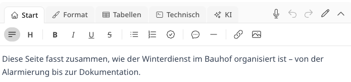 Editor-Werkzeugleiste mit den Reitern Start, Format, Tabellen, Technisch und KI
