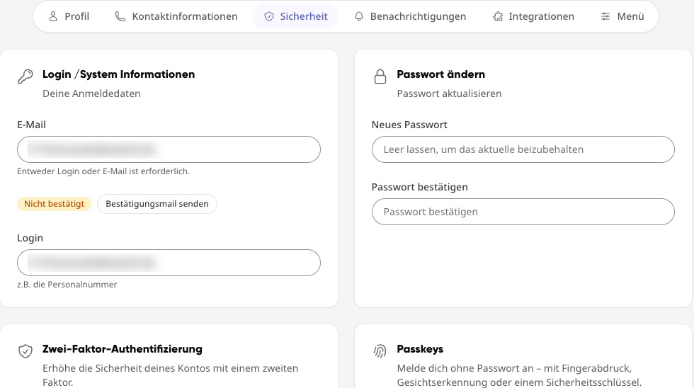 Sicherheitseinstellungen: Login, Passwort ändern, Zwei-Faktor-Authentifizierung und Passkeys