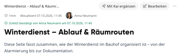 Kopfzeile der Plattform mit Suche, Benachrichtigungen, Kai-Symbol und Schaltfl&auml;che &bdquo;Bearbeiten&ldquo; einer Wiki-Seite