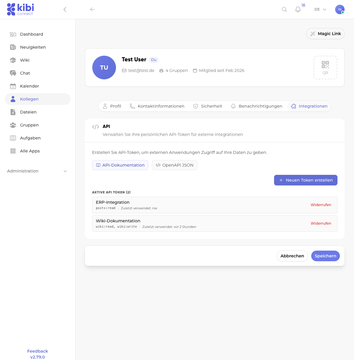 Screenshot: Token-Übersicht mit aktiven Tokens