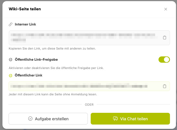 Dialog „Wiki-Seite teilen“ mit internem Link, öffentlicher Link-Freigabe sowie „Aufgabe erstellen“ und „Via Chat teilen“