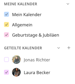 Kalender-Seitenleiste mit Abschnitten „Meine Kalender“, „Gruppen“ und „Räume“ samt Auswahlkästchen