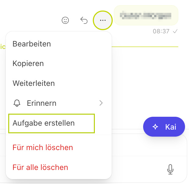 Nachrichtenmenü im Chat mit hervorgehobenem Eintrag „Aufgabe erstellen“