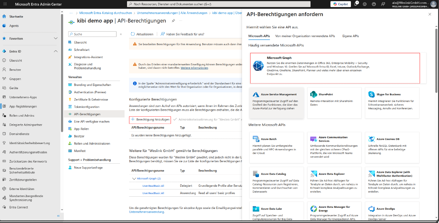 Entra-Dialog „API-Berechtigungen anfordern“ mit markierter Auswahl „Microsoft Graph“