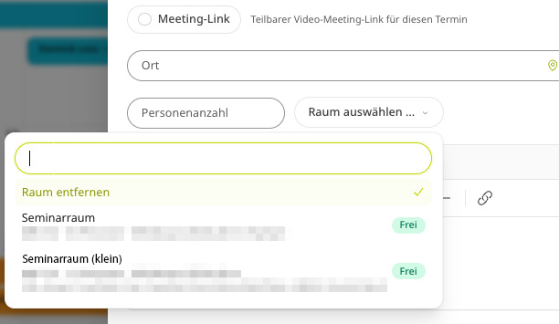 Termin-Formular mit geöffneter Raumauswahl: Seminarräume mit Status „Frei“