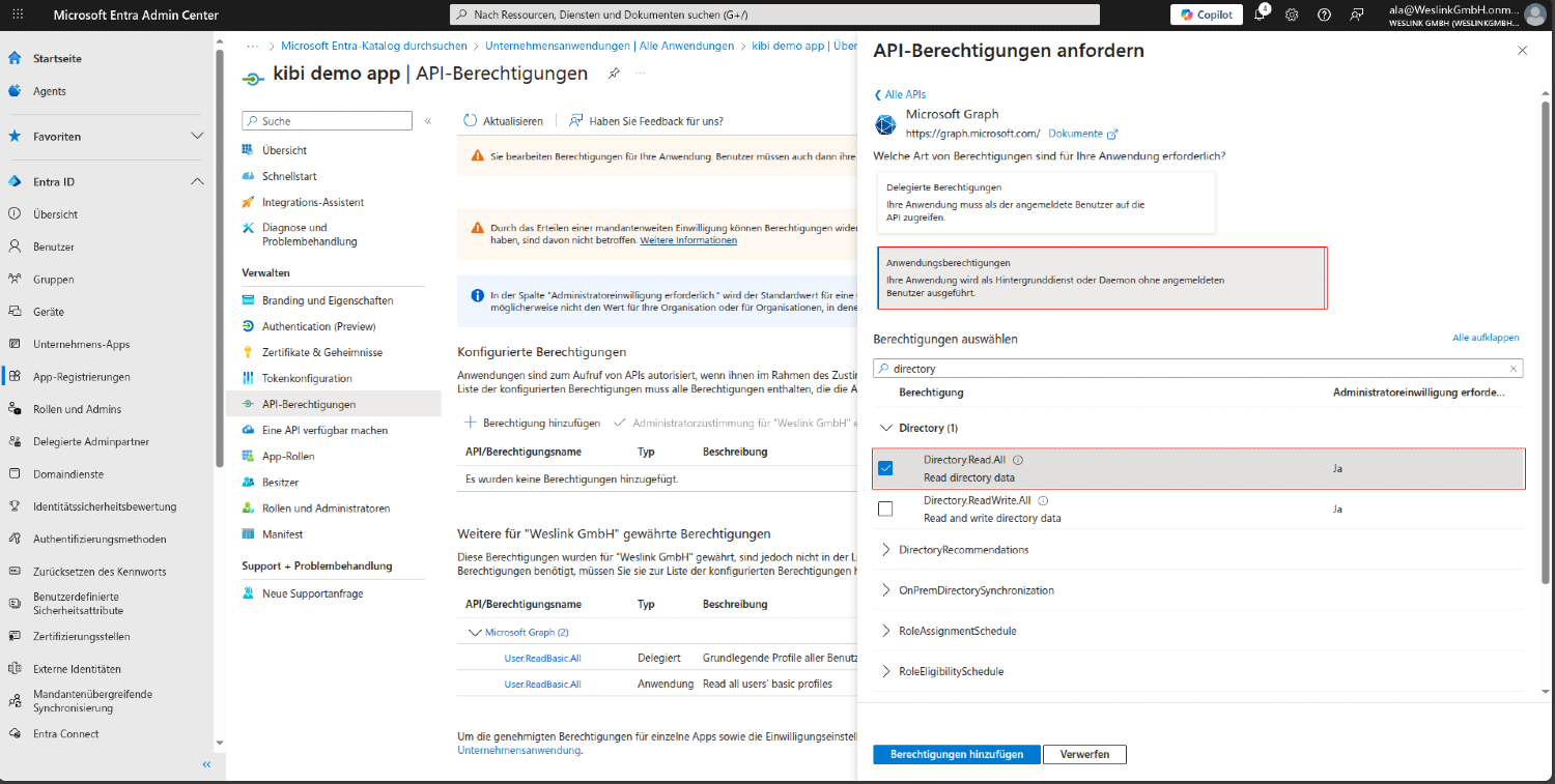 Microsoft Entra: Dialog „API-Berechtigungen anfordern“ mit Anwendungsberechtigungen und angehaktem „Directory.Read.All“