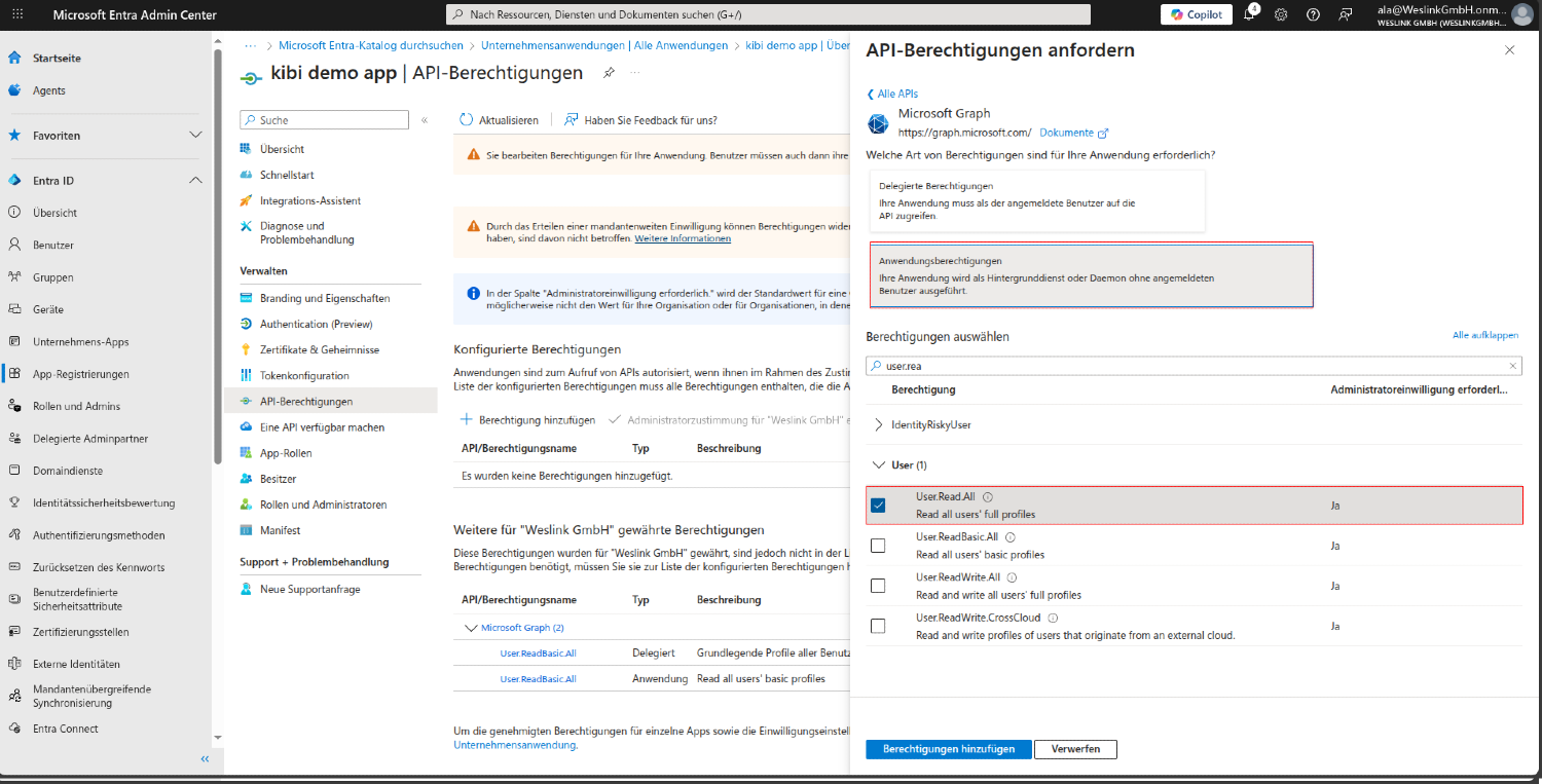 Entra-Dialog „API-Berechtigungen anfordern“ mit Anwendungsberechtigungen und ausgewähltem „User.Read.All“