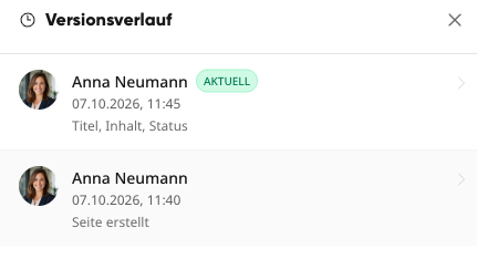 Seitenleiste „Versionsverlauf“ mit Liste der Änderungen, Zeitpunkt und Markierung „Aktuell“