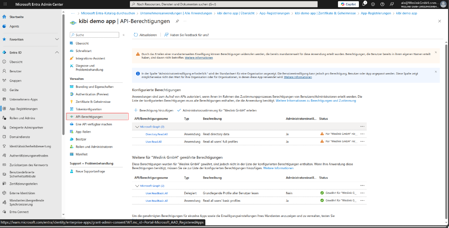 Microsoft Entra: Seite „API-Berechtigungen“ mit markiertem Menüpunkt und Microsoft-Graph-Berechtigungen