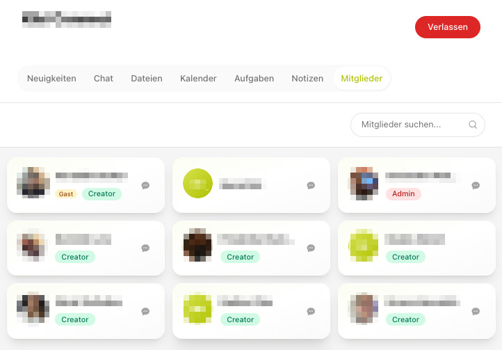 Gruppenseite, Reiter „Mitglieder“ mit Mitgliederkarten und Rollen-Labels wie „Creator“, „Admin“ und „Gast“