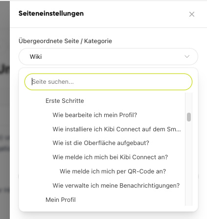 Dialog „Seiteneinstellungen“ mit Auswahl der übergeordneten Seite und durchsuchbarer Seitenliste
