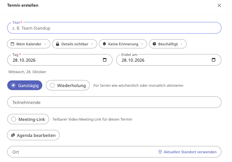 Formular &bdquo;Termin erstellen&ldquo; mit Reitern, Titel, Typ, Datum, Ort, Personenanzahl und Beschreibung