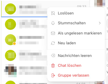 Kontextmenü eines Chats mit „Stummschalten“, „Nachrichten leeren“, „Chat löschen“ und „Gruppe verlassen“