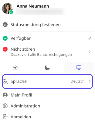 Profilmenü oben rechts mit hervorgehobenem Eintrag „Sprache“ (Deutsch), „Administration“ und „Abmelden“
